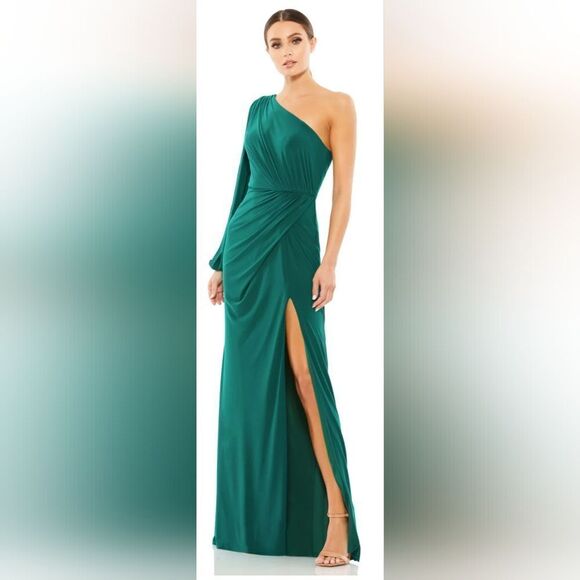 Mac Duggal ONE SHOULDER PUFF SLEEVE FAUX WRAP GOWN NWT size 0 Green 67879 - Picture 1 of 5